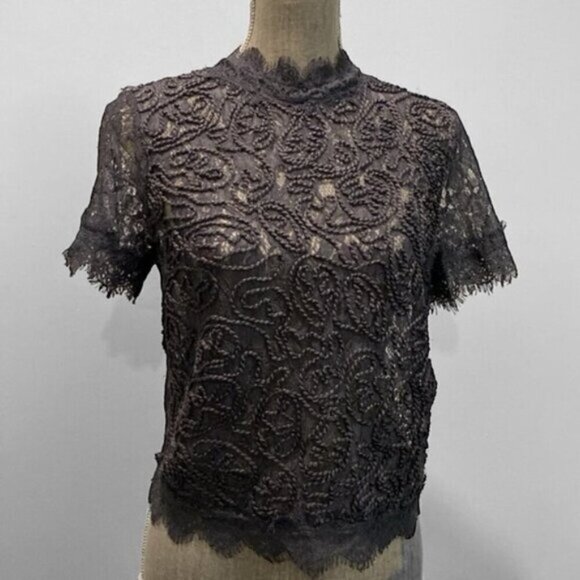 Zara Grey Lace Scalloped Top Size Medium - Picture 3 of 11